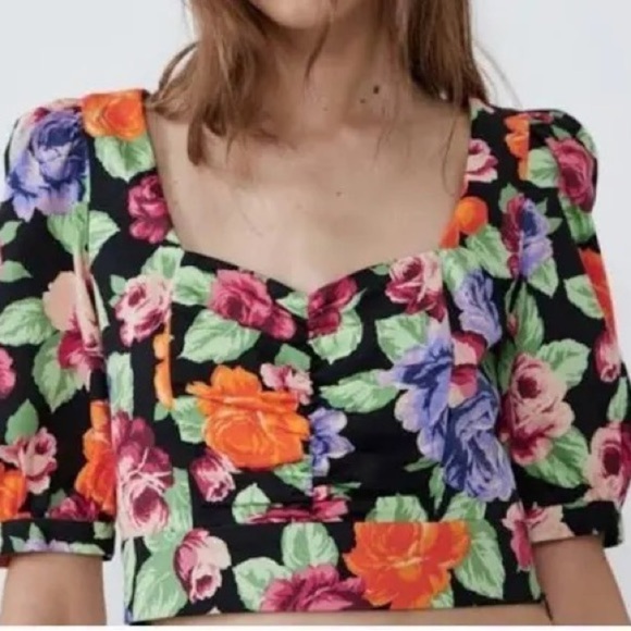 ZARA Multicolor Cropped Floral Print Top - Picture 1 of 12